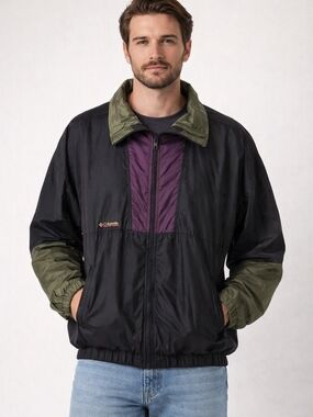 Columbia Windbreak Mens XL Vintage Colour Block Jacket Black Nylon Outdoors